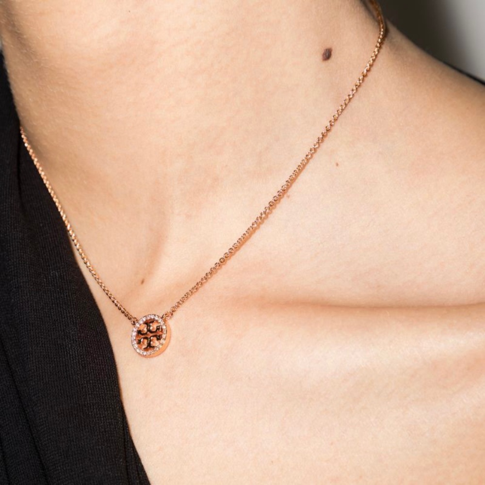 Tory Burch Rose Gold Necklace with Gemstone Logo Pendant